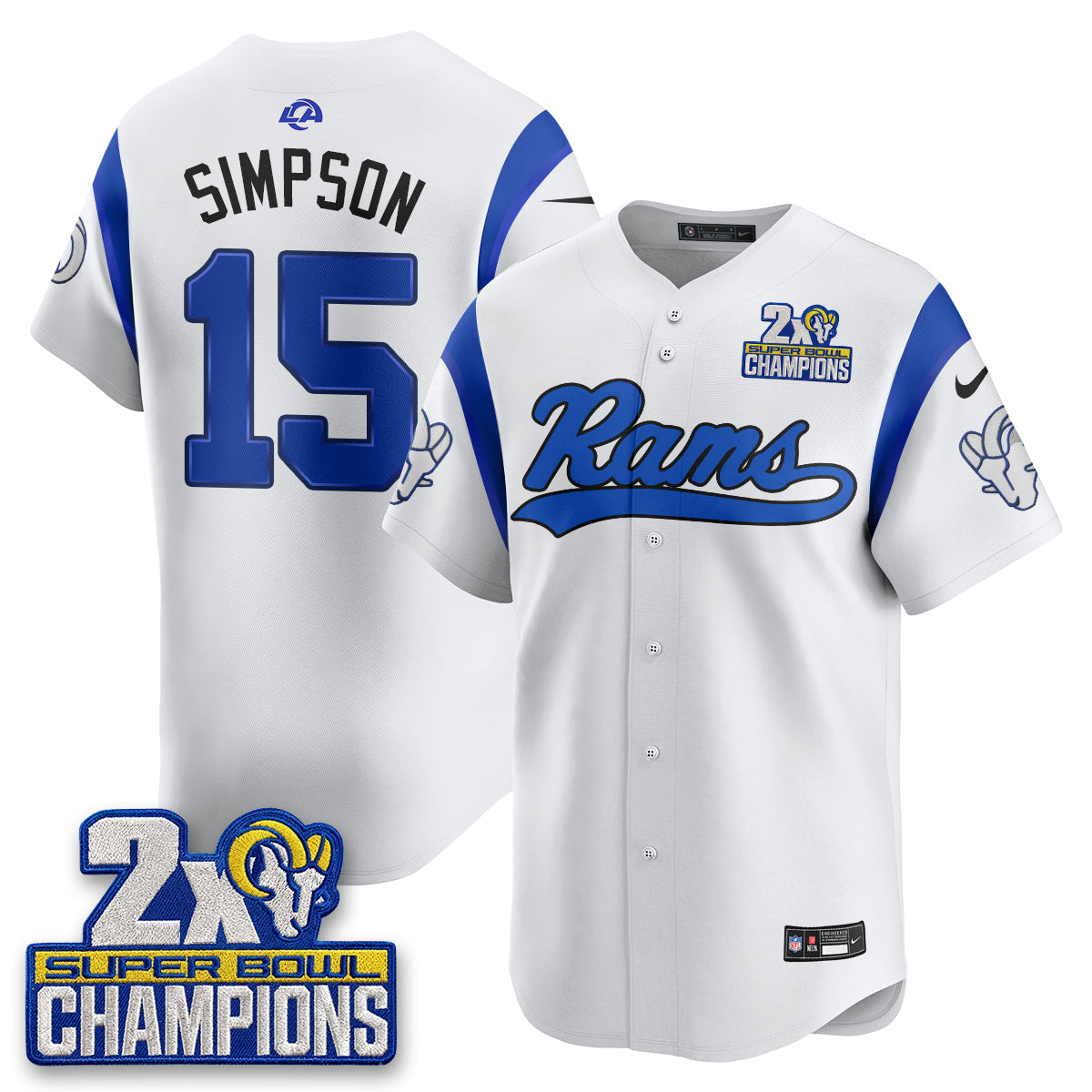 Hunk Wear - Los Angeles Rams Ty Simpson 2X Champs Rivalries Vapor Baseball Jersey ' All Stitched ' White