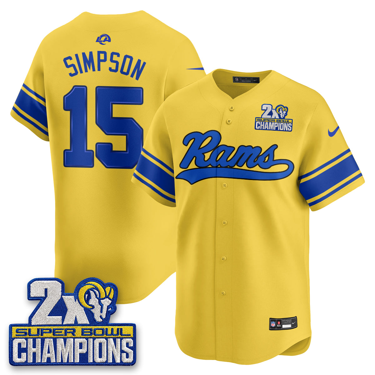 Hunk Wear - Los Angeles Rams Ty Simpson 2X Champs Rivalries Vapor Baseball Jersey ' All Stitched ' Yellow
