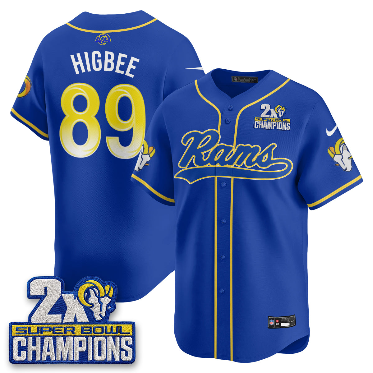 Hunk Wear - Los Angeles Rams Tyler Higbee 2X Champs Rivalries Vapor Baseball Jersey ' All Stitched ' Royal