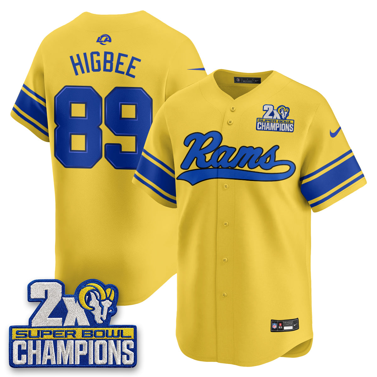 Hunk Wear - Los Angeles Rams Tyler Higbee 2X Champs Rivalries Vapor Baseball Jersey ' All Stitched ' Yellow