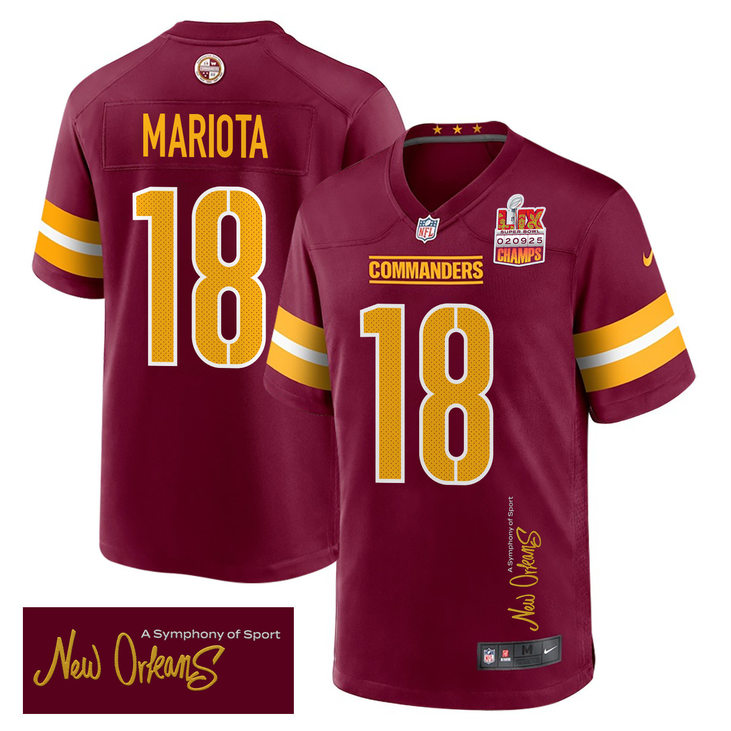 Hunk Wear - Marcus Mariota 18 Washington Commanders Super Bowl LIX Champions Patch 'New Orleans ' A Symphony of Sport' EMBROIDERED Game Men Jersey ' Burgundy