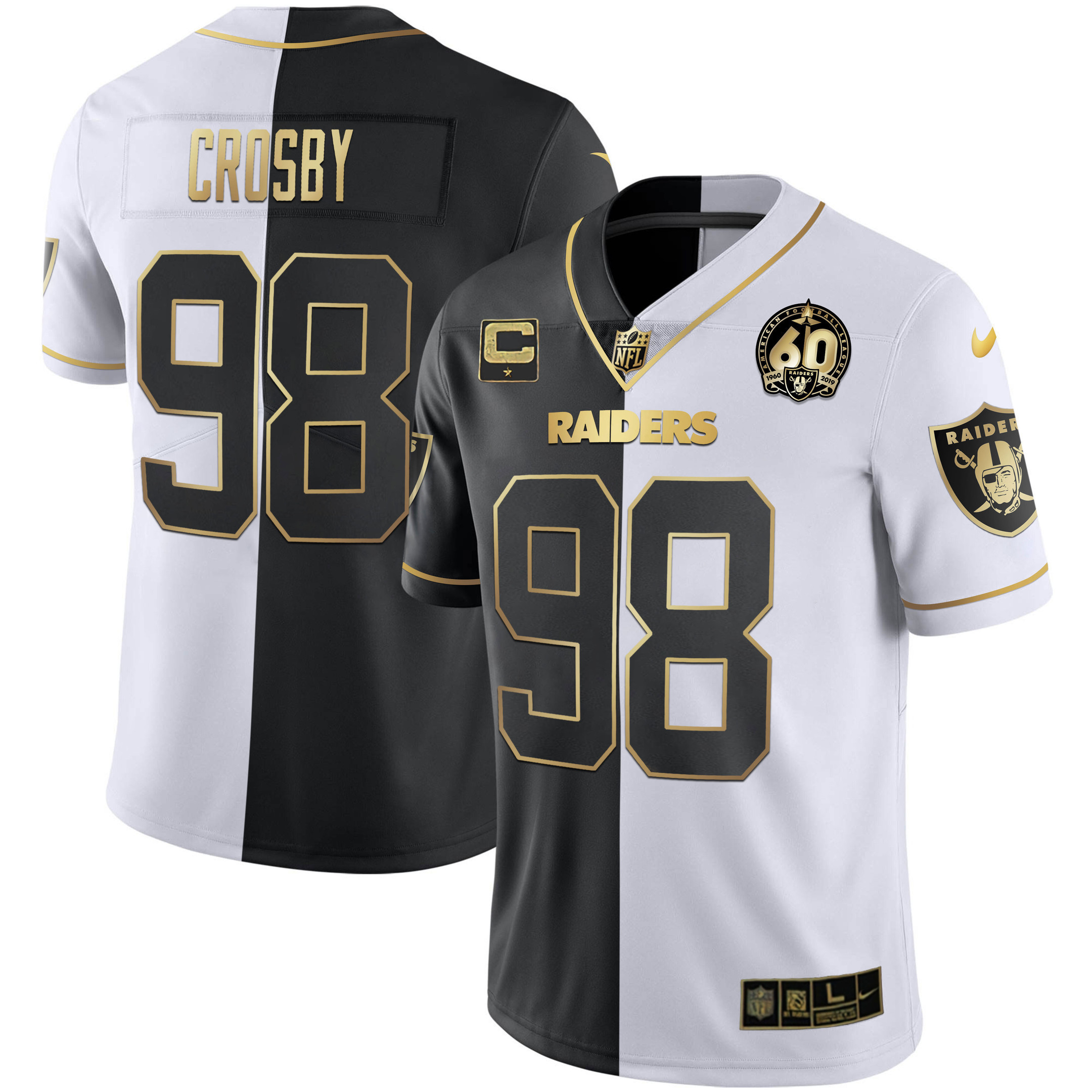 Hunk Wear - Maxx Crosby Men's Las Vegas Raiders 60th Season Patch Gold & Split Split Gold Jersey