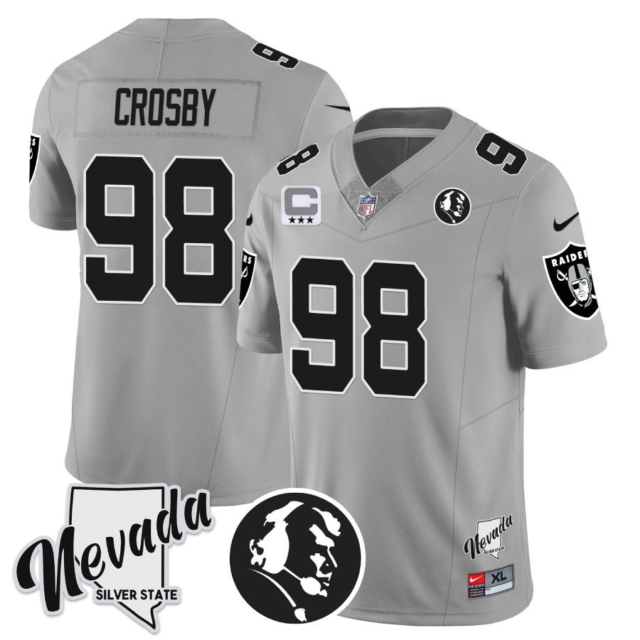 Hunk Wear - Maxx Crosby Men's Las Vegas Raiders John Madden Honoring & Nevada Silver State Patch Vapor Silver Jersey