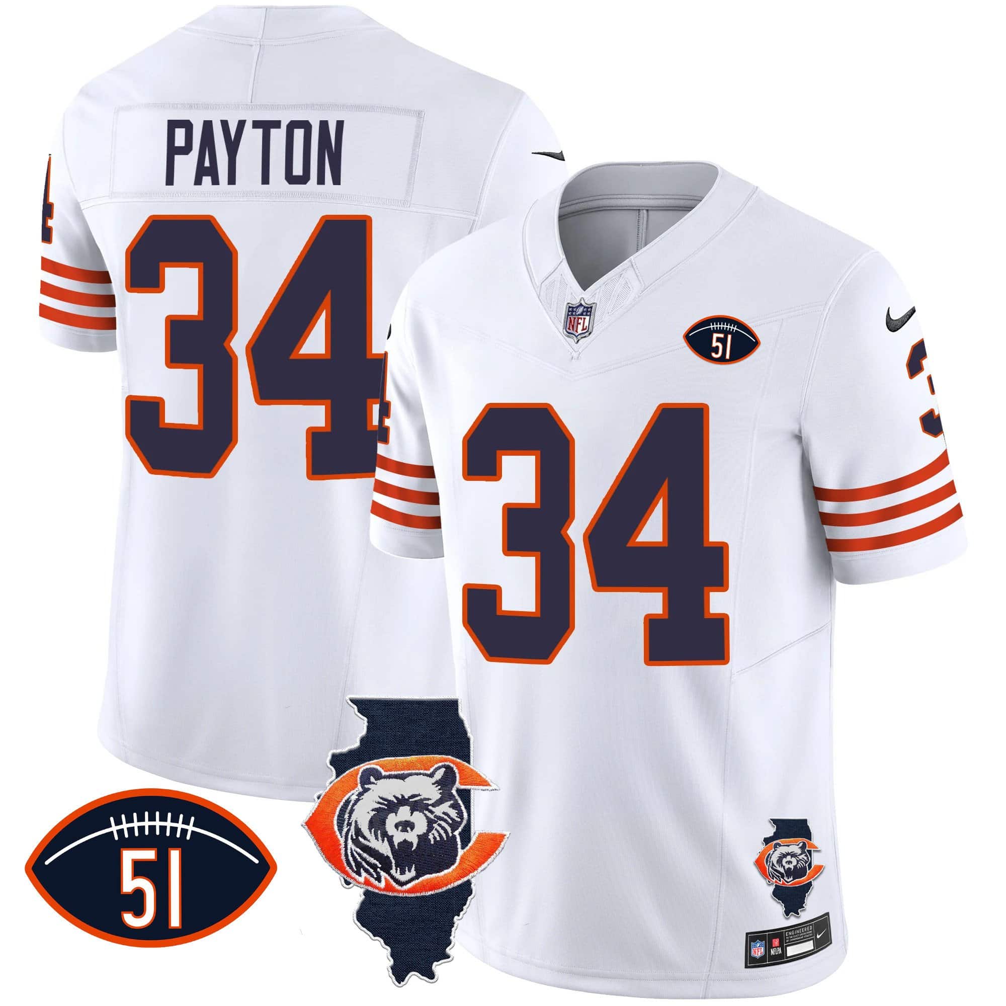 Hunk Wear - Men's Bears Throwback Illinois Patch Vapor Jersey ' All Stitched ' White ' Walter Payton