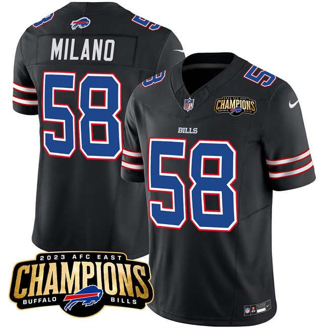 Hunk Wear - Men's Buffalo Bills #58 Matt Milano Black 2023 F.U.S.E. AFC East Champions With 4-star C Ptach Football Stitched Jersey