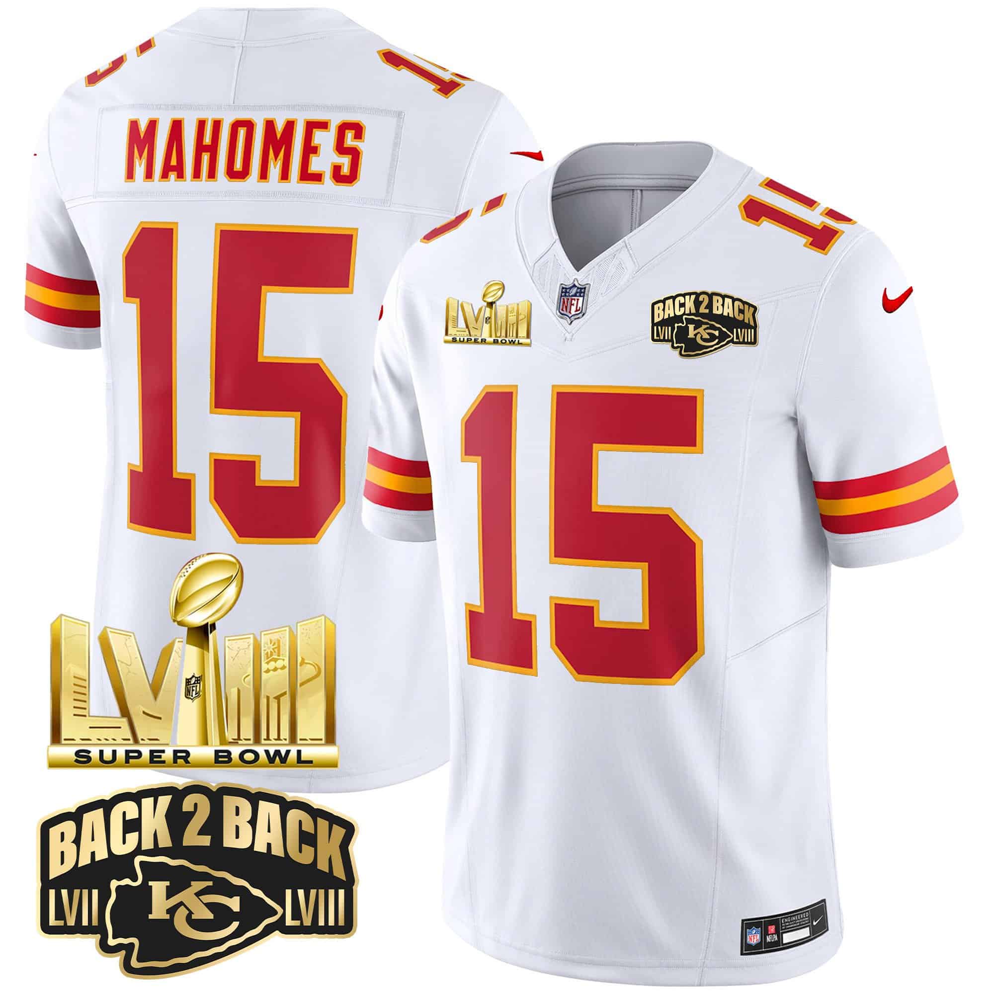 Hunk Wear - Men's Chiefs Super Bowl LVIII & Back 2 Back Gold Patch Vapor Jersey ' All Stitched ' White ' Patrick Mahomes