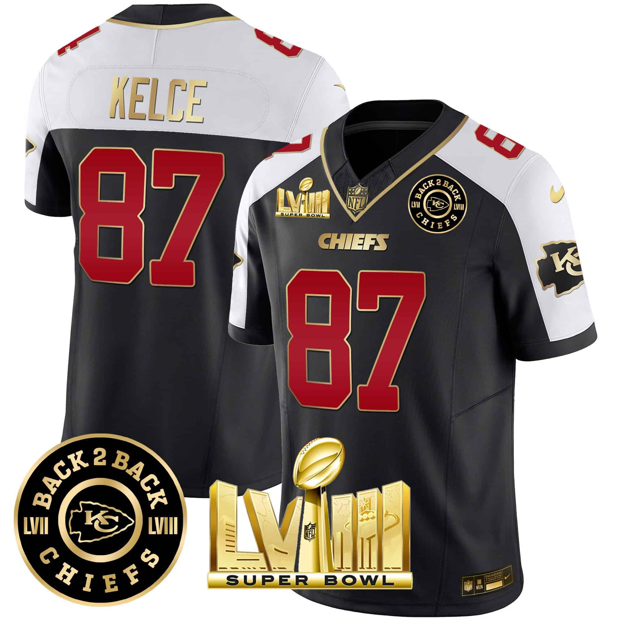 Hunk Wear - Men's Chiefs Super Bowl LVIII & Back 2 Back Patch Vapor Jersey V3 ' All Stitched ' Black Alternate ' Travis Kelce