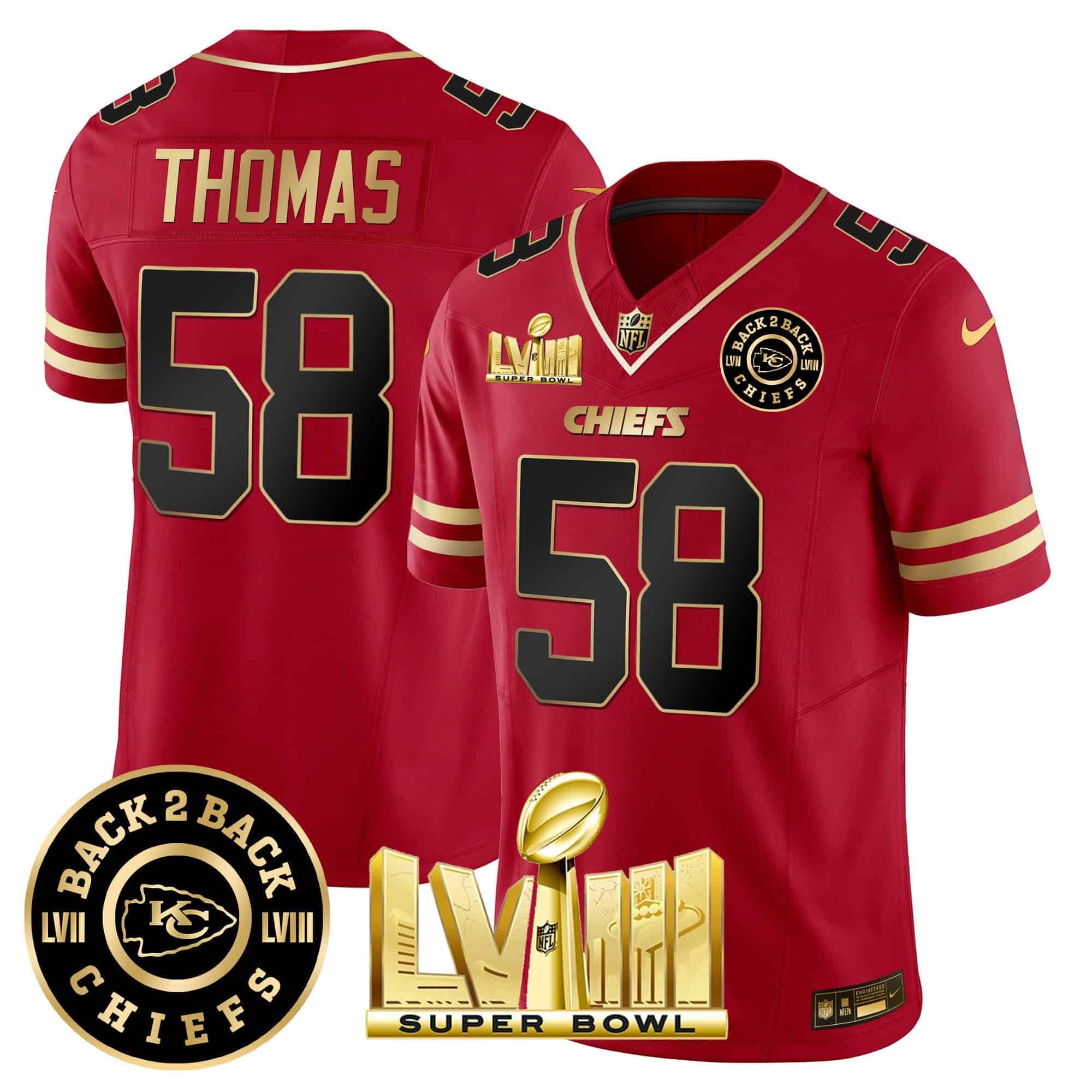 Hunk Wear - Men's Chiefs Super Bowl LVIII & Back 2 Back Patch Vapor Jersey V3 ' All Stitched ' Black Red ' Derrick Thomas