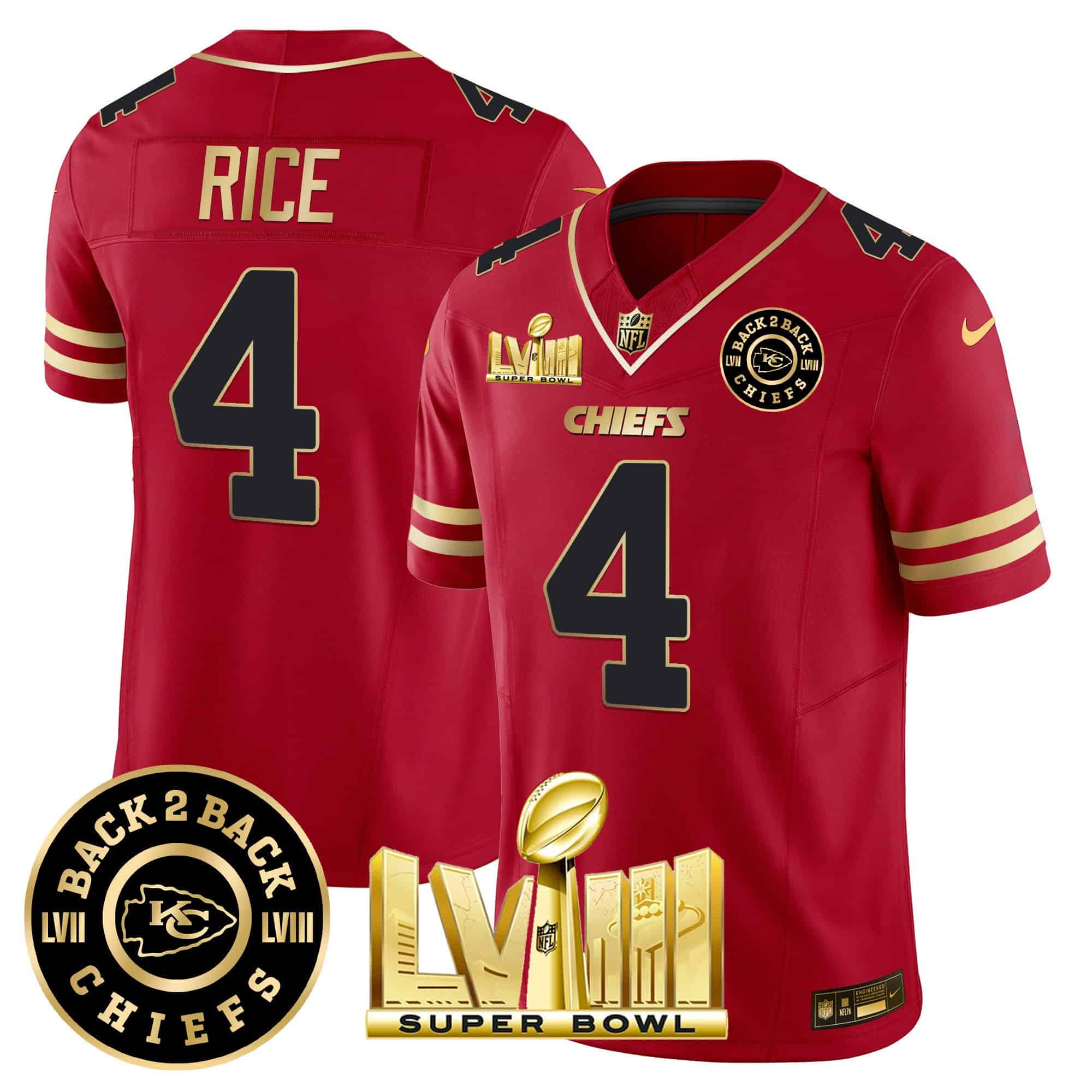 Hunk Wear - Men's Chiefs Super Bowl LVIII & Back 2 Back Patch Vapor Jersey V3 ' All Stitched ' Black Red ' Rashee Rice