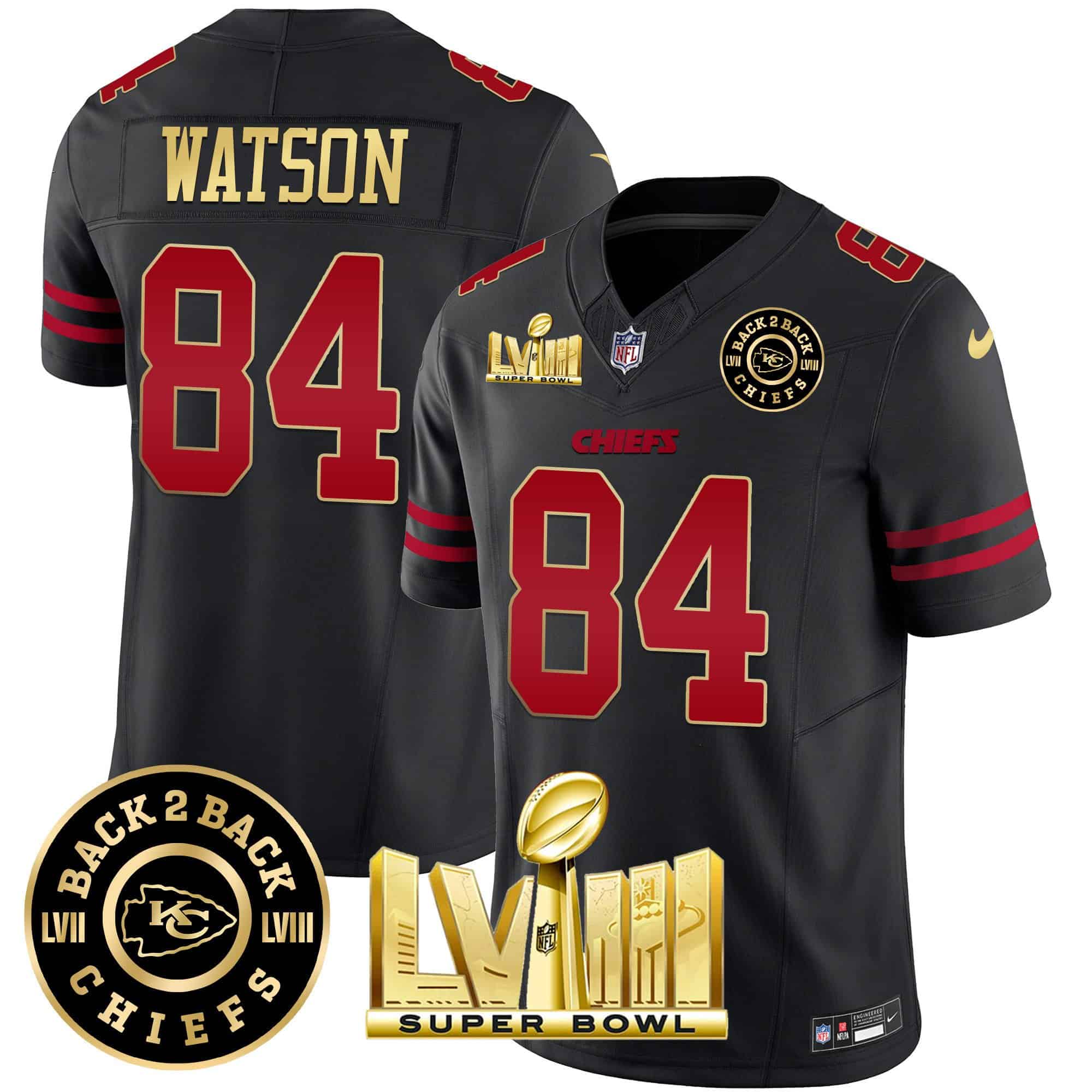 Hunk Wear - Men's Chiefs Super Bowl LVIII & Back 2 Back Patch Vapor Jersey V3 ' All Stitched ' Gold Trim ' Justin Watson