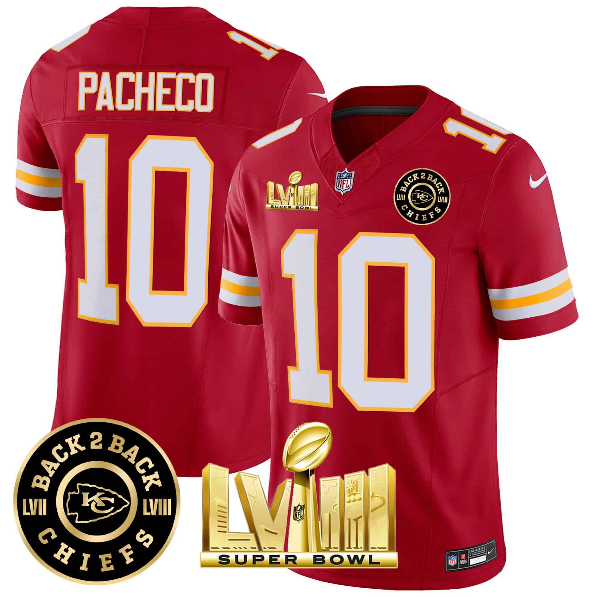 Hunk Wear - Men's Chiefs Super Bowl LVIII & Back 2 Back Patch Vapor Jersey V3 ' All Stitched ' Red ' Isiah Pacheco