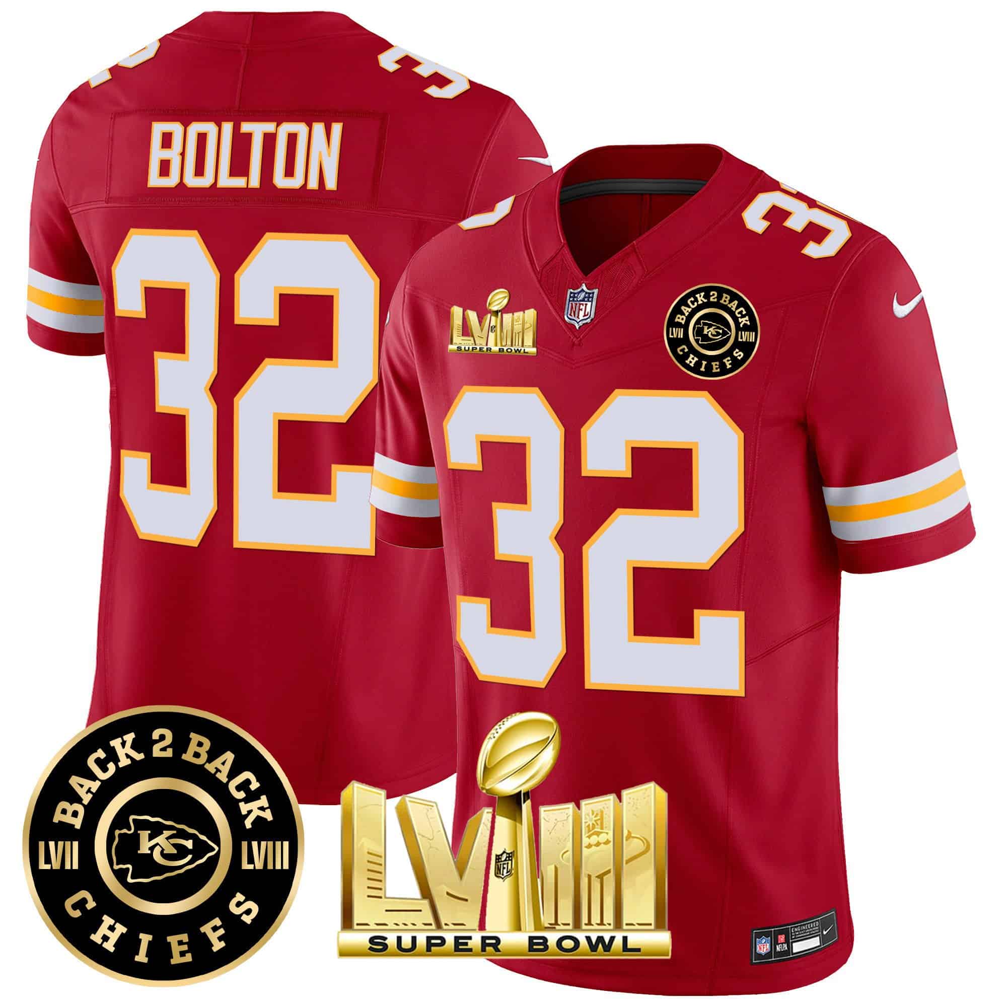 Hunk Wear - Men's Chiefs Super Bowl LVIII & Back 2 Back Patch Vapor Jersey V3 ' All Stitched ' Red ' Nick Bolton