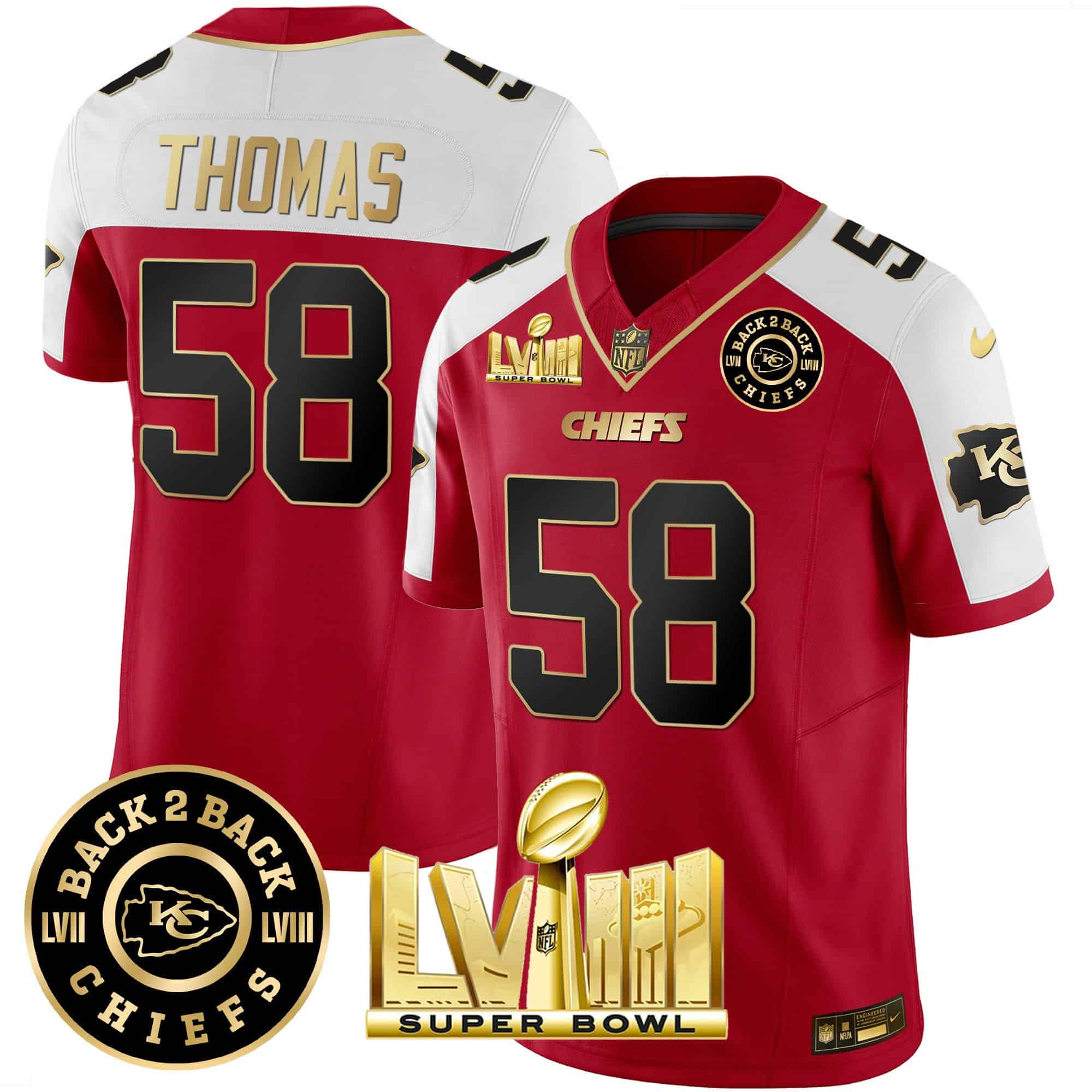 Hunk Wear - Men's Chiefs Super Bowl LVIII & Back 2 Back Patch Vapor Jersey V3 ' All Stitched ' Red Alternate ' Derrick Thomas