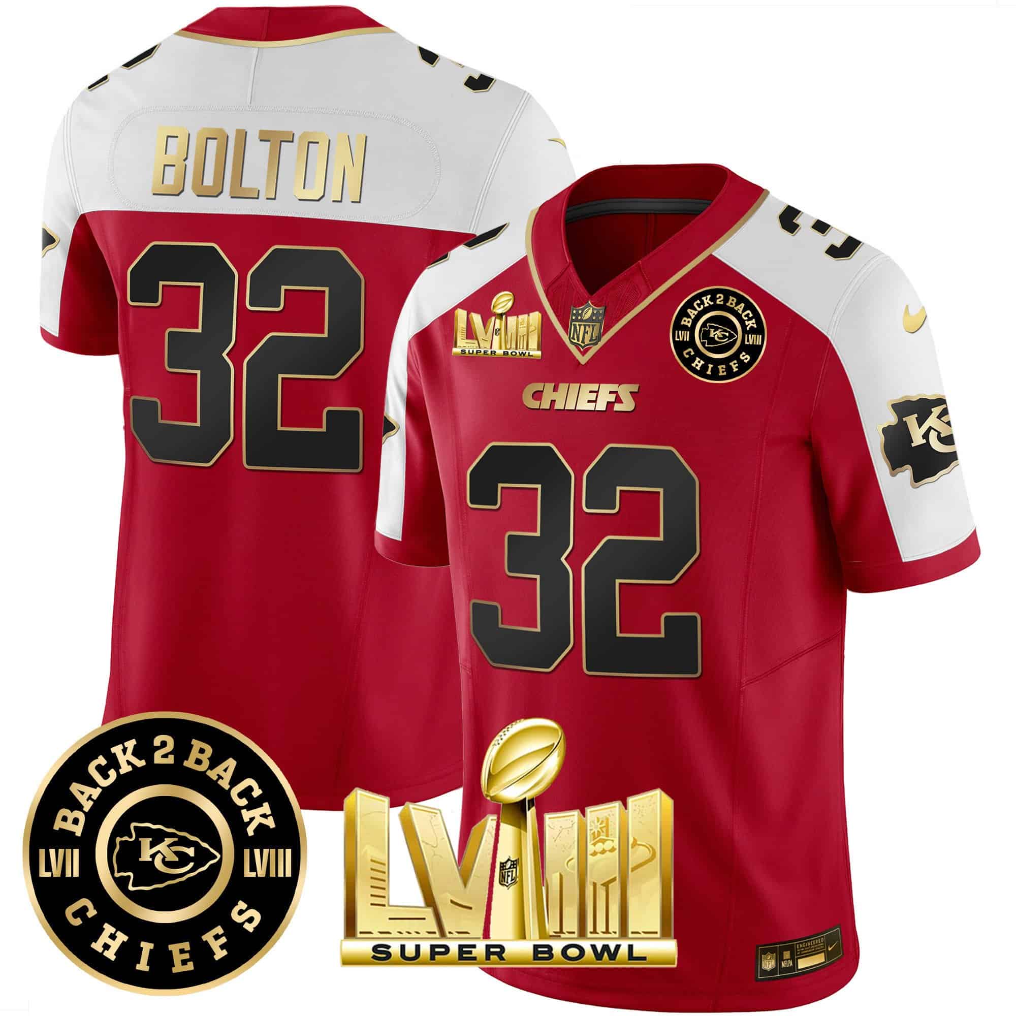 Hunk Wear - Men's Chiefs Super Bowl LVIII & Back 2 Back Patch Vapor Jersey V3 ' All Stitched ' Red Alternate ' Nick Bolton