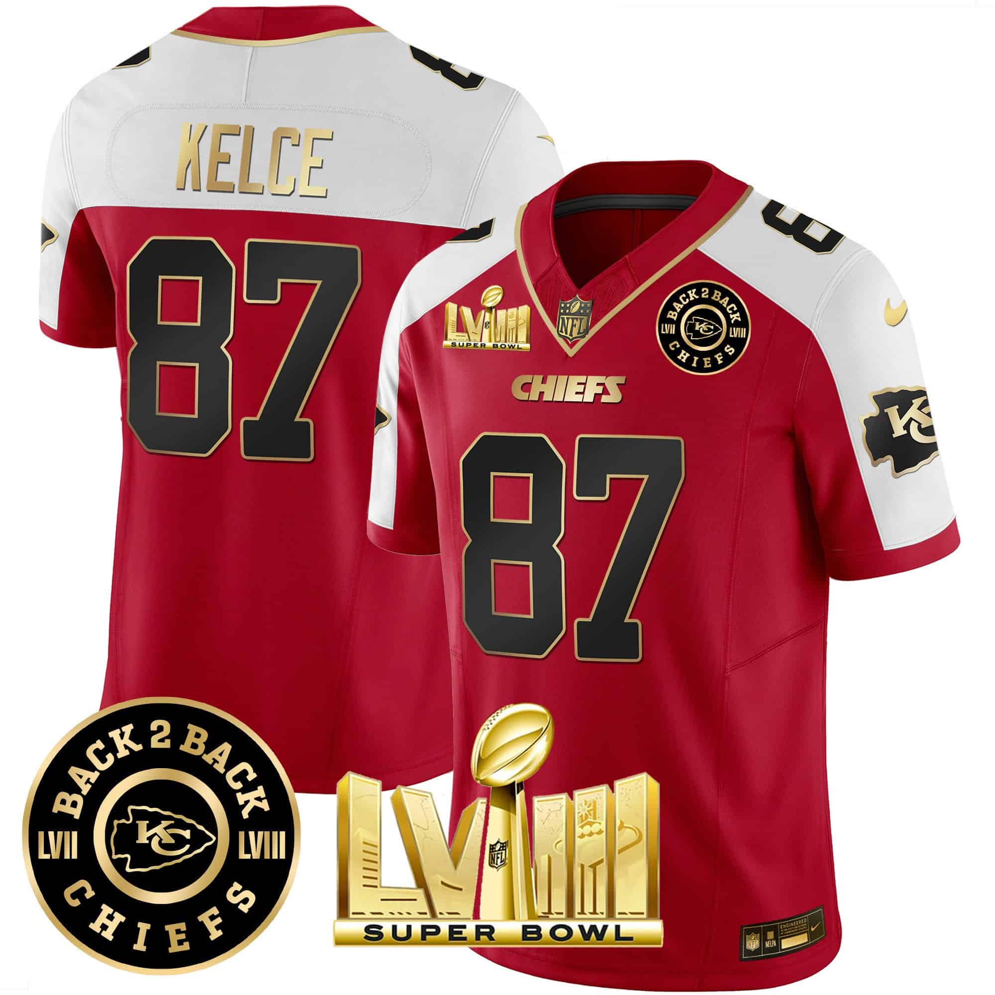 Hunk Wear - Men's Chiefs Super Bowl LVIII & Back 2 Back Patch Vapor Jersey V3 ' All Stitched ' Red Alternate ' Travis Kelce