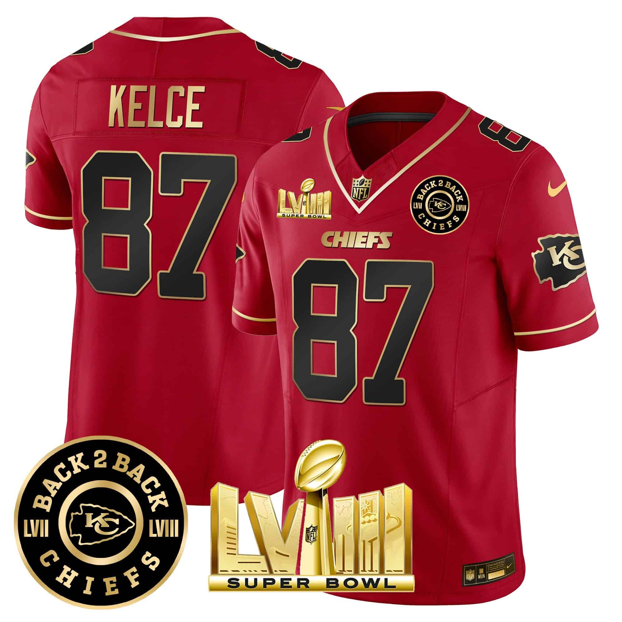 Hunk Wear - Men's Chiefs Super Bowl LVIII & Back 2 Back Patch Vapor Jersey V3 ' All Stitched ' Red Special ' Travis Kelce