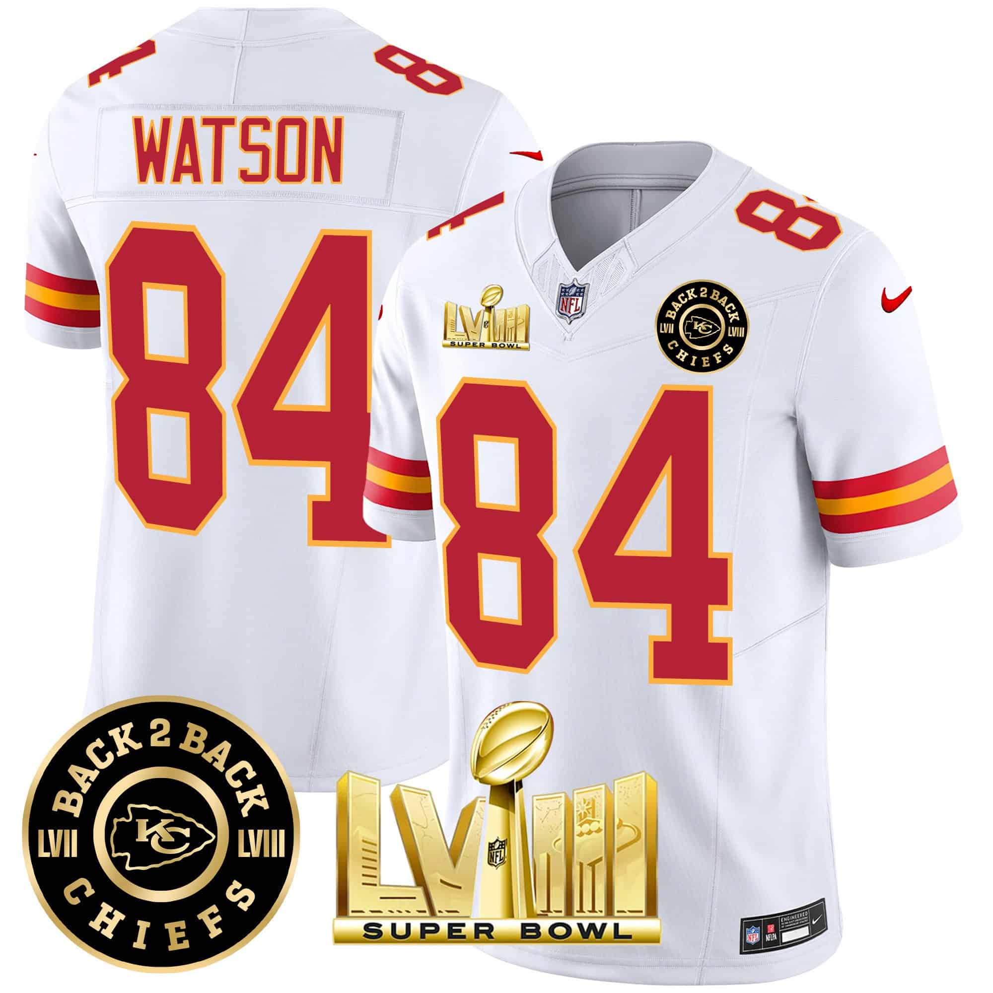 Hunk Wear - Men's Chiefs Super Bowl LVIII & Back 2 Back Patch Vapor Jersey V3 ' All Stitched ' White ' Justin Watson