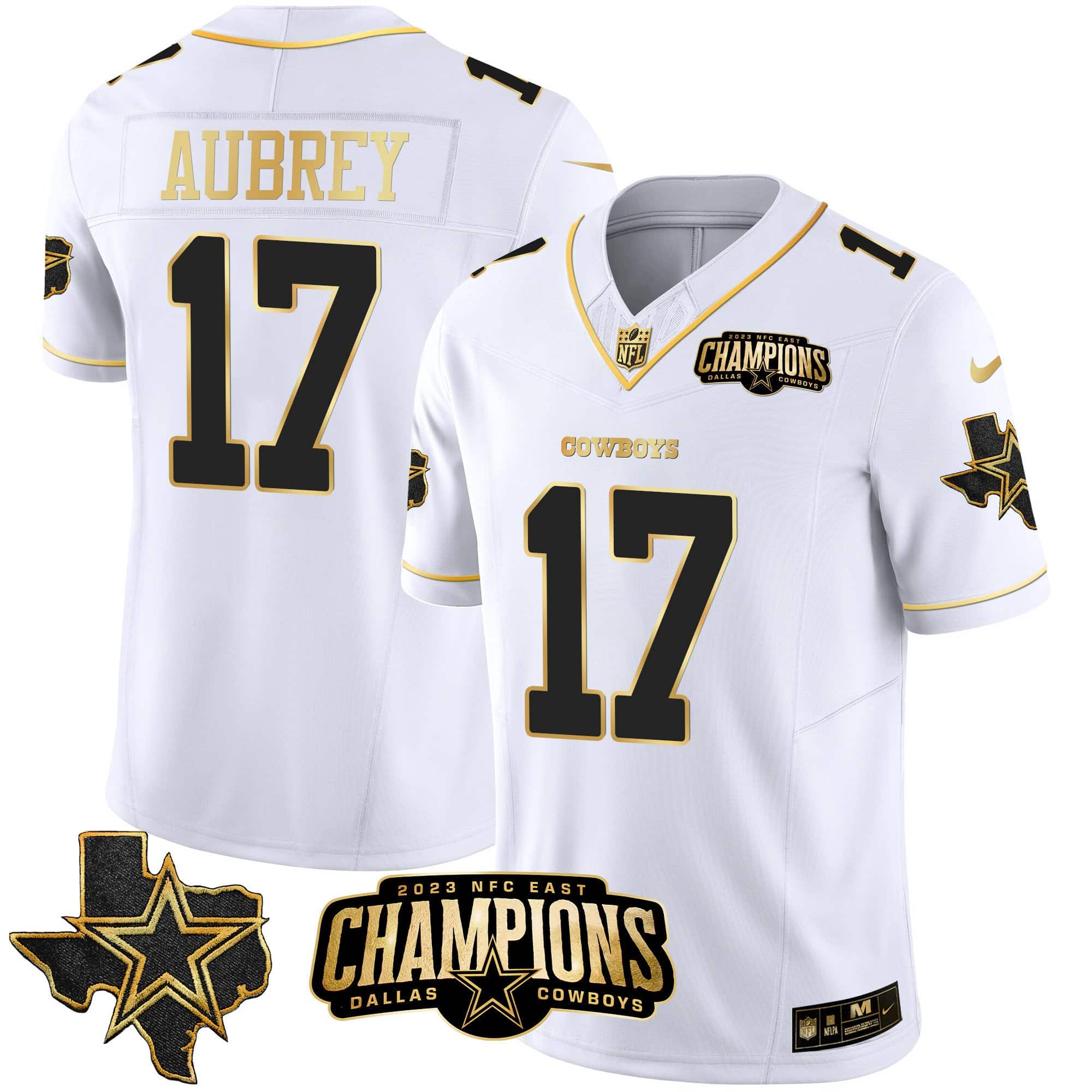 Hunk Wear - Men's Cowboys 2023 NFC East Champions Patch Gold Vapor Jersey ' All Stitched ' White Gold ' Brandon Aubrey