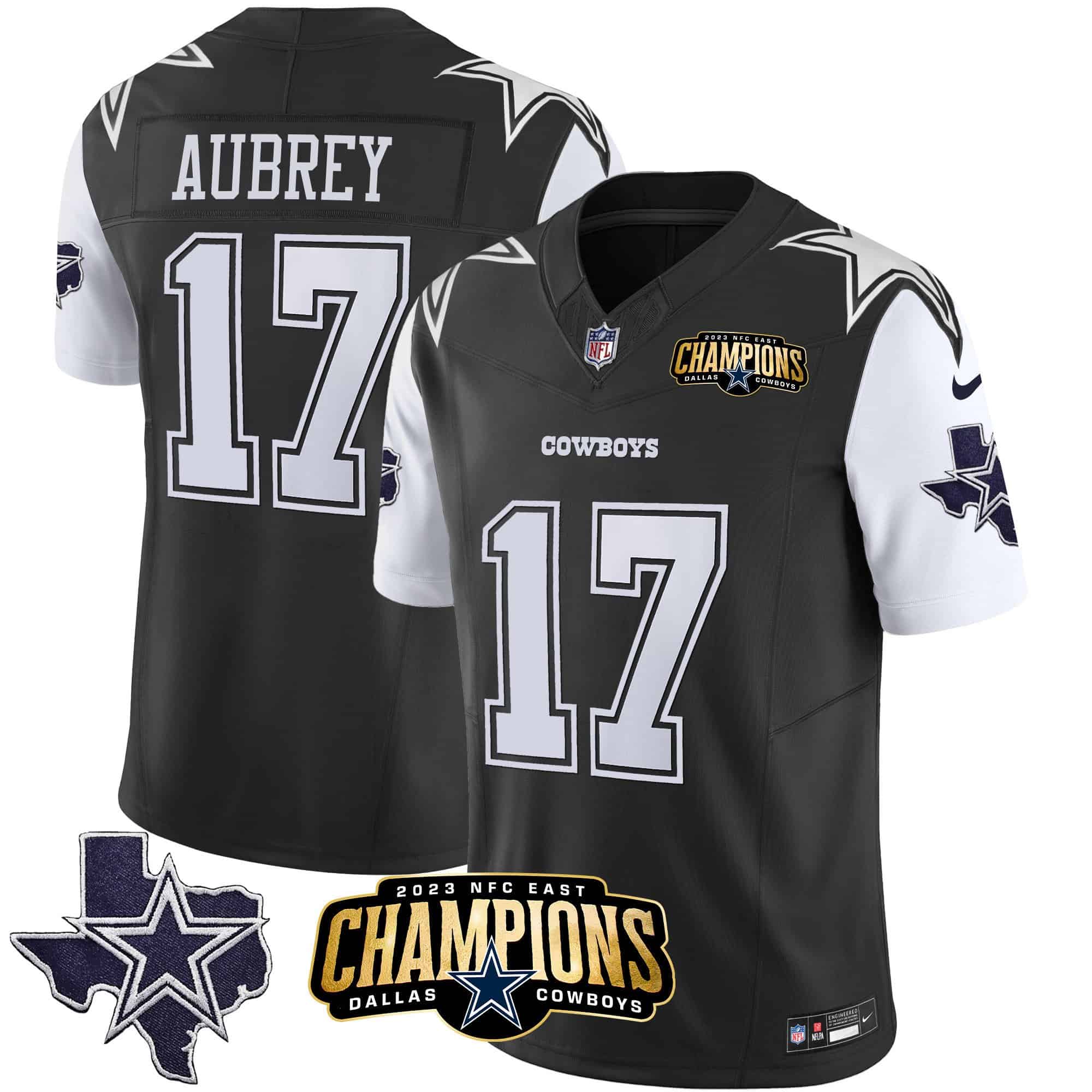 Hunk Wear - Men's Cowboys 2023 NFC East Champions Patch Vapor Jersey ' All Stitched ' Black ' Brandon Aubrey