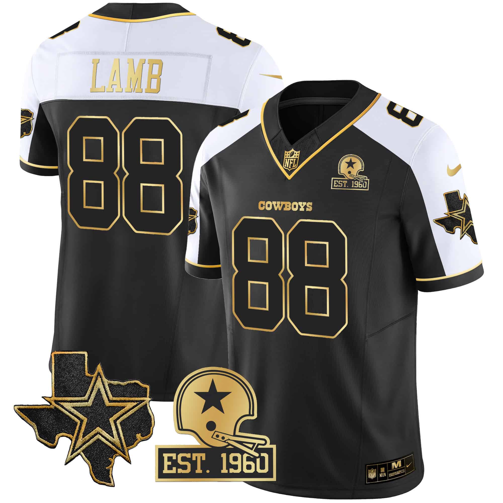 Hunk Wear - Men's Cowboys Texas Patch Gold Vapor Jersey ' All Stitched ' Alternate ' CeeDee Lamb