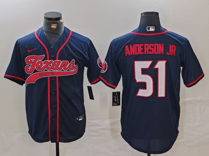 Hunk Wear - Men’s Houston Texans #51 Will Anderson Jr Navy With Patch Cool Base Stitched Baseball Jersey