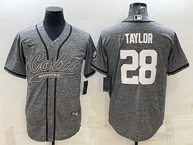 Hunk Wear - Menâ€™s Indianapolis Colts #28 Jonathan Taylor Grey Gridiron With Patch Cool Base Stitched Baseball Jerseys