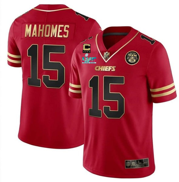 Hunk Wear - Men's Kansas City Chiefs #15 Patrick Mahomes Red Gold Super Bowl LVII Patch And 4-star C Patch Vapor Untouchable Limited Stitched Jersey