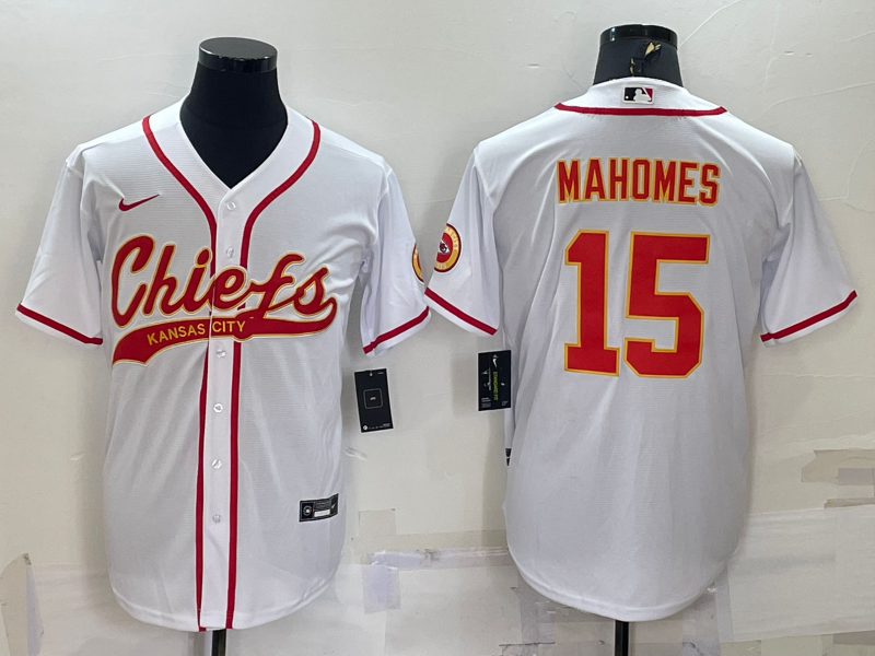 Hunk Wear - Menâ€™s Kansas City Chiefs #15 Patrick Mahomes White With Patch Cool Base Stitched Baseball Jersey