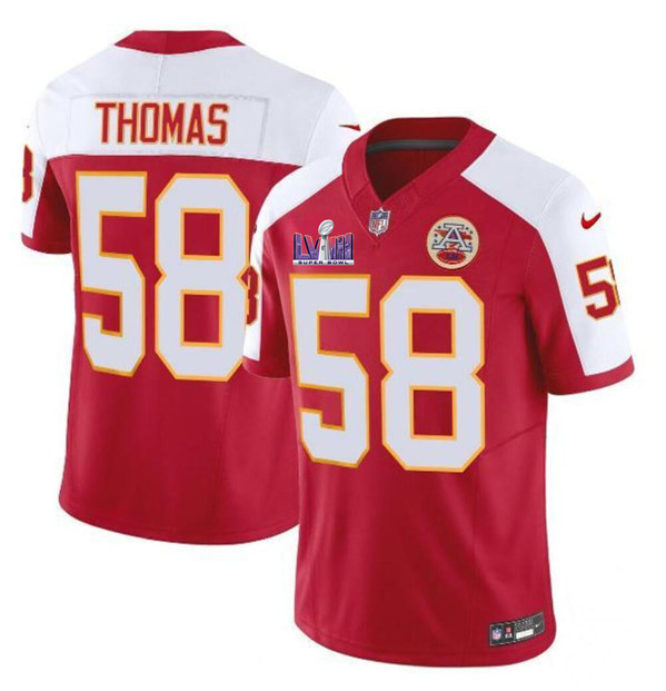 Hunk Wear - Men's Kansas City Chiefs #58 Derrick Thomas Red White 2024 F.U.S.E. Super Bowl LVIII Patch Vapor Untouchable Limited Football Stitched Jersey