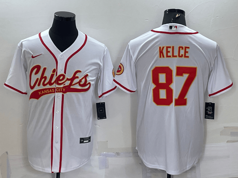 Hunk Wear - Menâ€™s Kansas City Chiefs #87 Travis Kelce White With Patch Cool Base Stitched Baseball Jersey