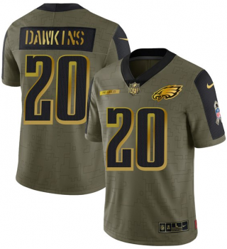 Hunk Wear - Men's Olive Philadelphia Eagles #20 Brian Dawkins 2021 Camo Salute To Service Golden Limited Stitched Jersey