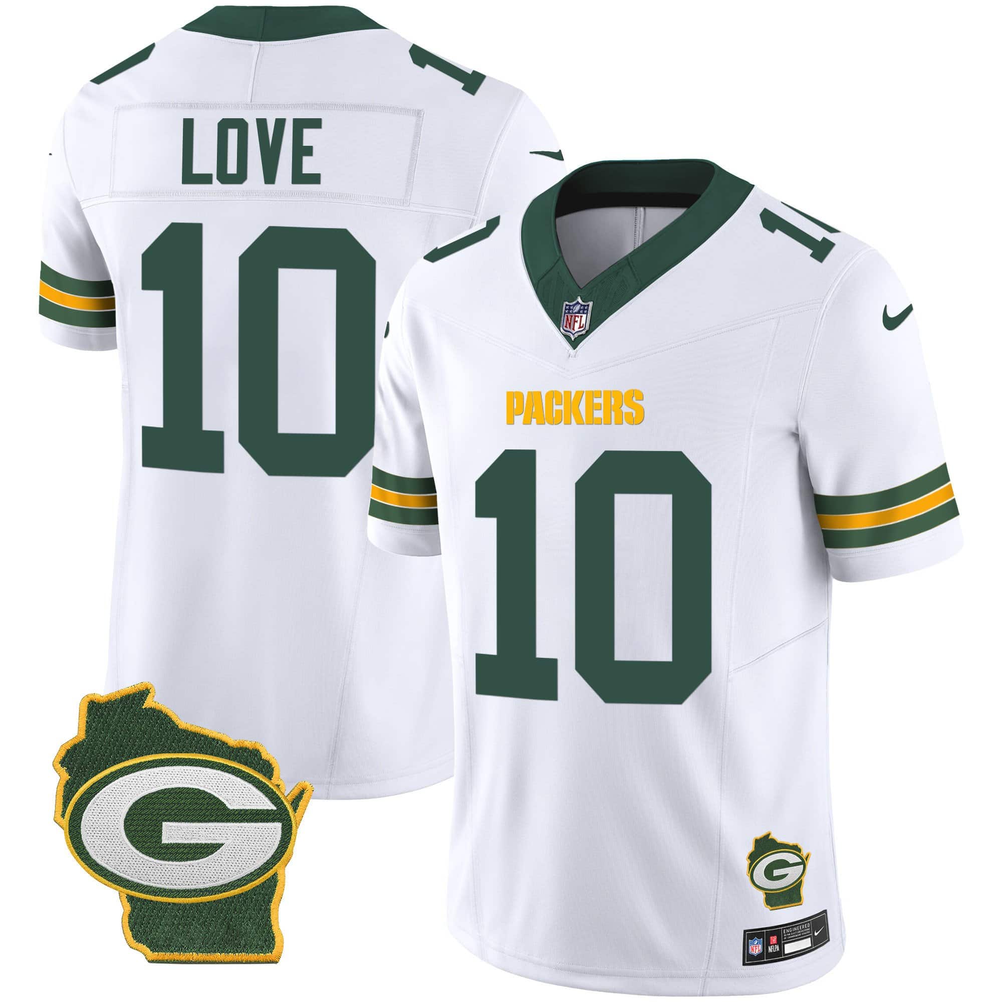 Hunk Wear - Men's Packers Home Patch Vapor Jersey V3 ' All Stitched ' White ' Jordan Love