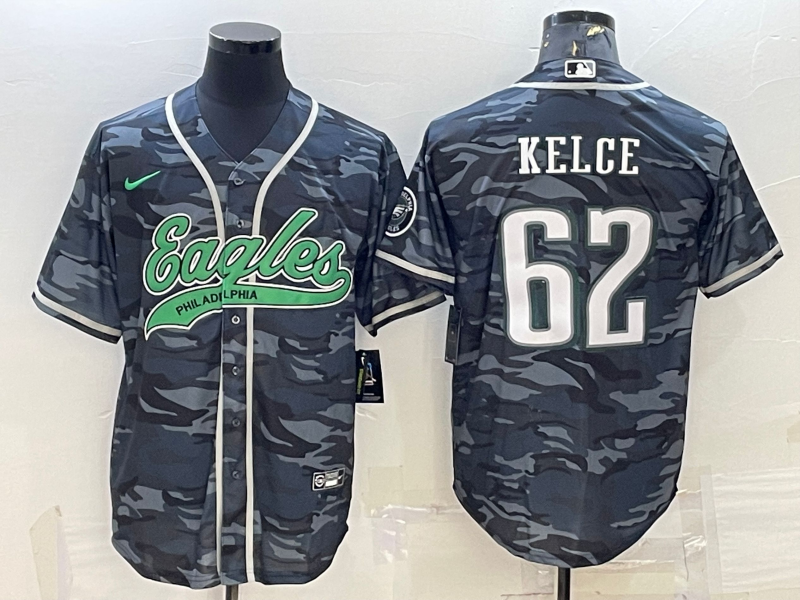 Hunk Wear - Menâ€™s Philadelphia Eagles #62 Jason Kelce Grey Camo With Patch Cool Base Stitched Baseball Jersey