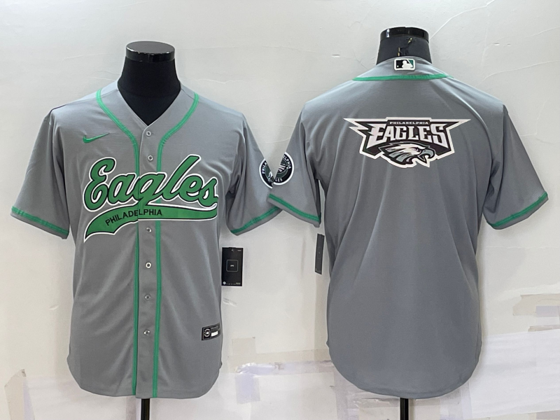 Hunk Wear - Men’s Philadelphia Eagles Grey Team Big Logo With Patch Cool Base Stitched Baseball Jersey