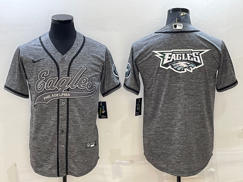 Hunk Wear - Men’s Philadelphia Eagles Grey Team Big Logo With Patch Cool Base Stitched Baseball Jersey