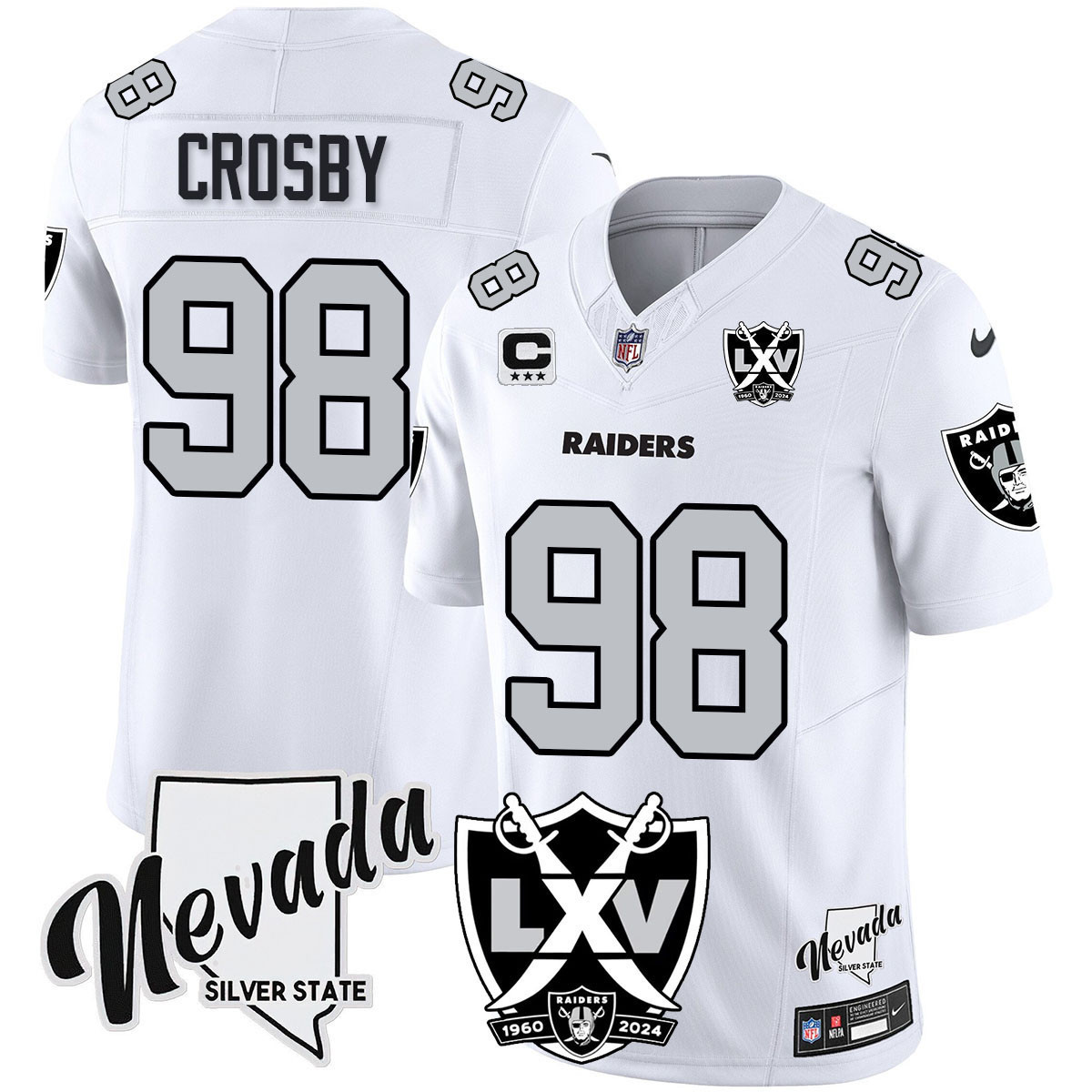 Hunk Wear - Men's Raiders 2025 Vapor Limited Jersey ' 65th Anniversary ' All Stitched White Maxx Crosby Jersey