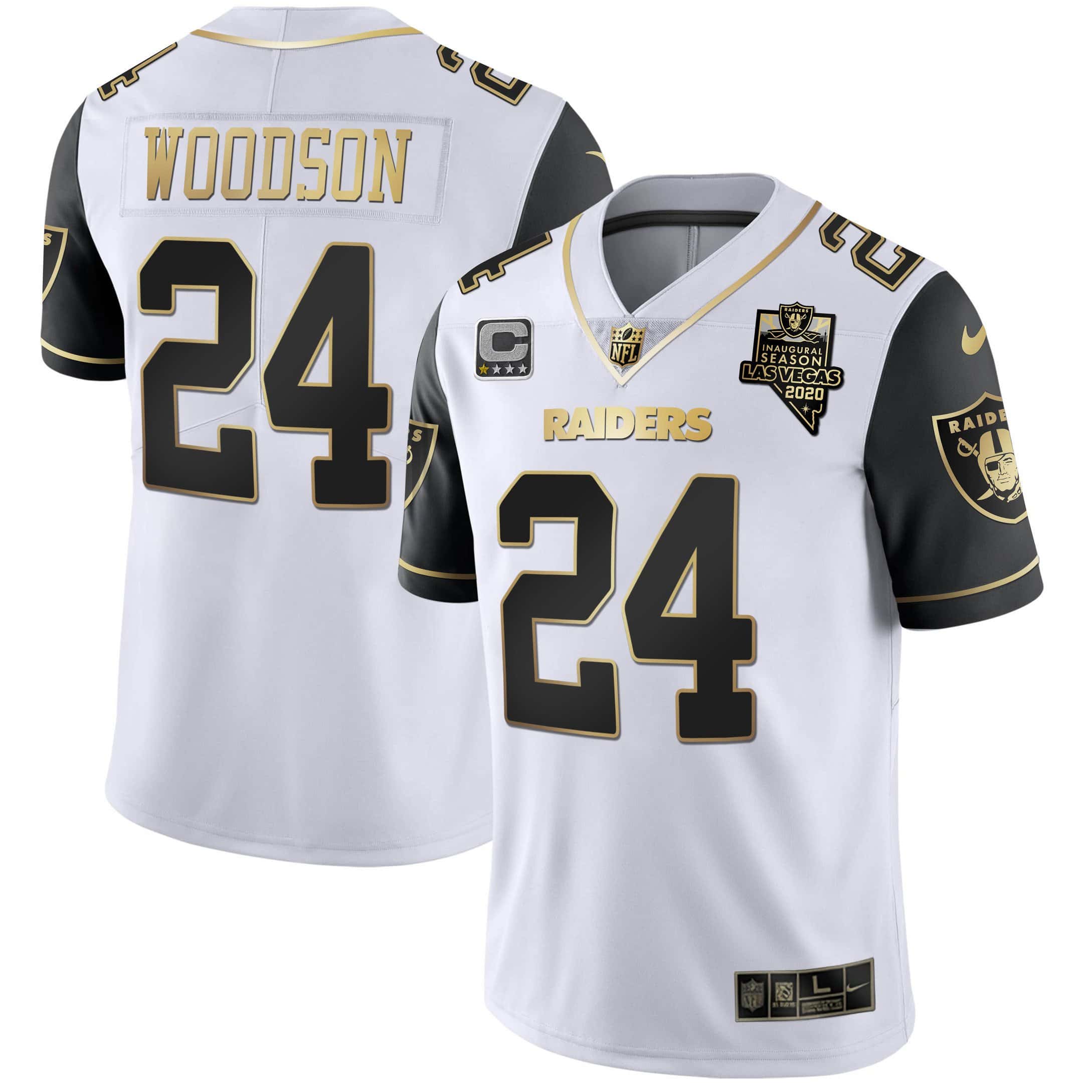 Hunk Wear - Men's Raiders Alternate Vapor Black Gold & Black Inverted Limited Inaugural Season Patch ' All Stitched ' Black Sleeves ' Charles Woodson