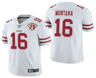 Hunk Wear - Men's San Francisco 49ers #16 Joe Montana White 75th Anniversary Patch 2021 Vapor Untouchable Stitched Nike Limited Jersey
