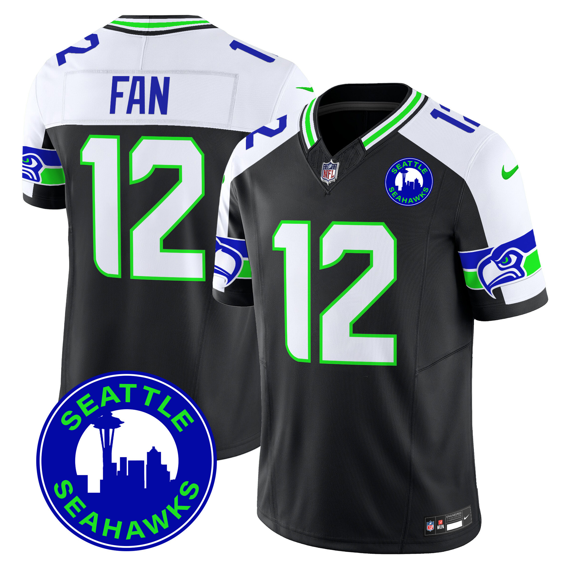 Hunk Wear - Men's Seahawks 2024 Seattle City Patch Vapor Limited Jersey ' All Stitched ' Black Alternate ' 12th Fan