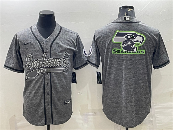 Hunk Wear - Men’s Seattle Seahawks Gray Team Big Logo With Patch Cool Base Stitched Baseball Jersey