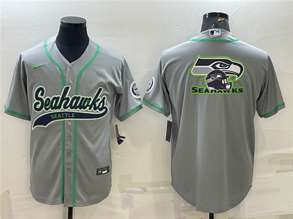 Hunk Wear - Men’s Seattle Seahawks Gray Team Big Logo With Patch Cool Base Stitched Baseball Jersey