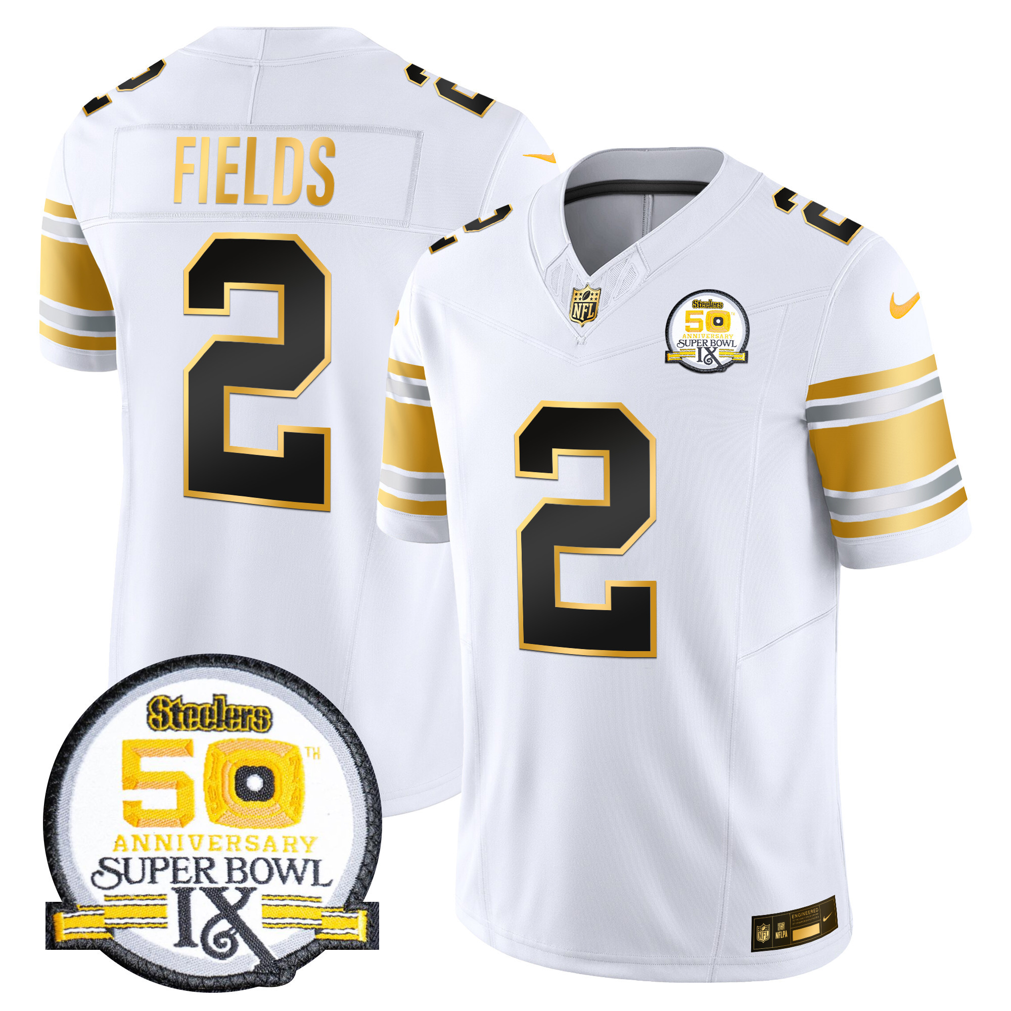 Hunk Wear - Men's Steelers 50th Anniversary of Super Bowl IX Patch Gold Vapor Limited Jersey ' All Stitched ' White Gold ' Justin Fields