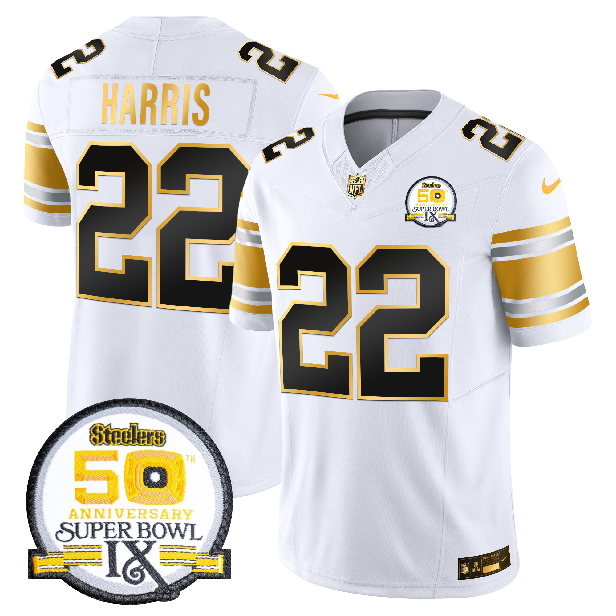 Hunk Wear - Men's Steelers 50th Anniversary of Super Bowl IX Patch Gold Vapor Limited Jersey ' All Stitched ' White Gold ' Najee Harris