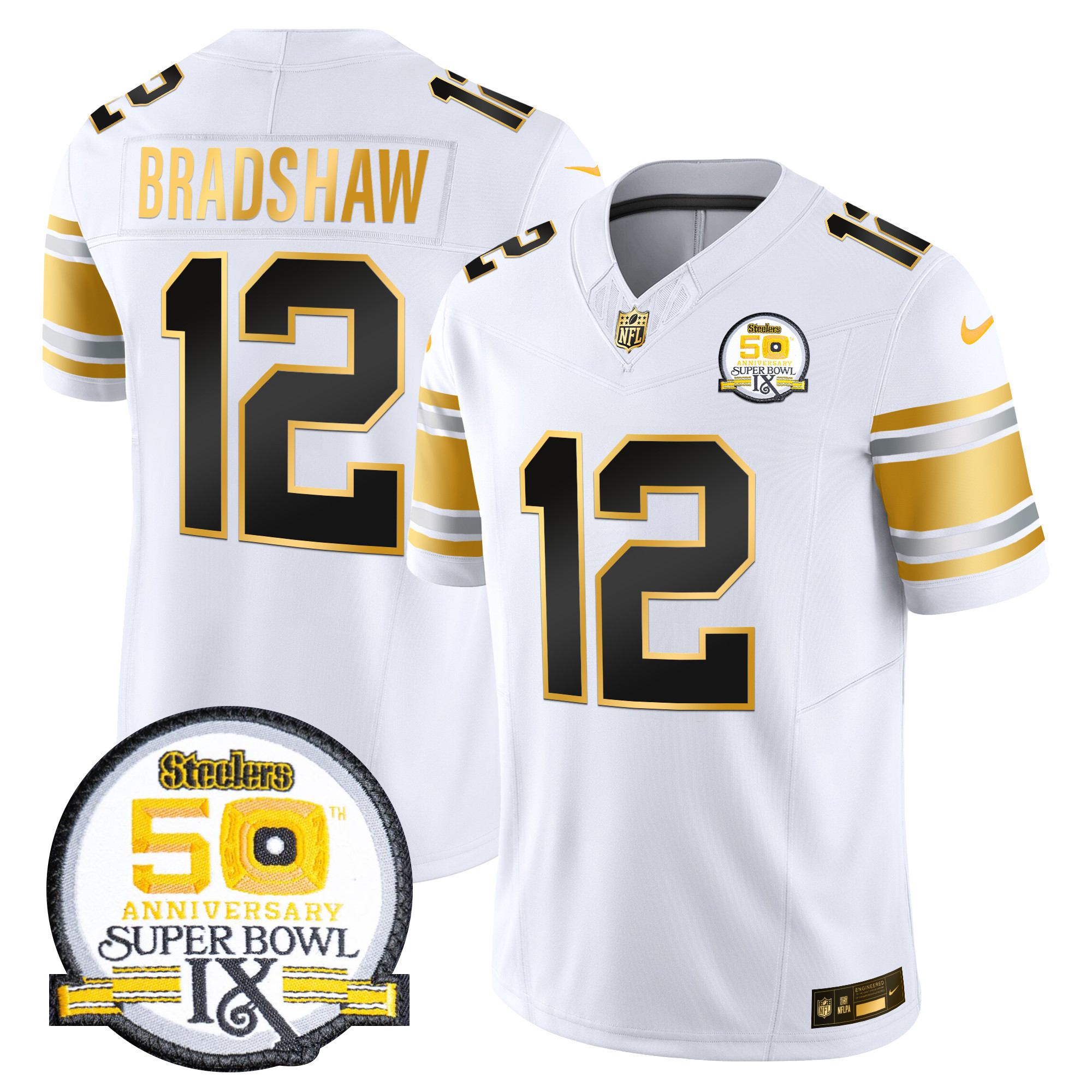 Hunk Wear - Men's Steelers 50th Anniversary of Super Bowl IX Patch Gold Vapor Limited Jersey ' All Stitched ' White Gold ' Terry Bradshaw