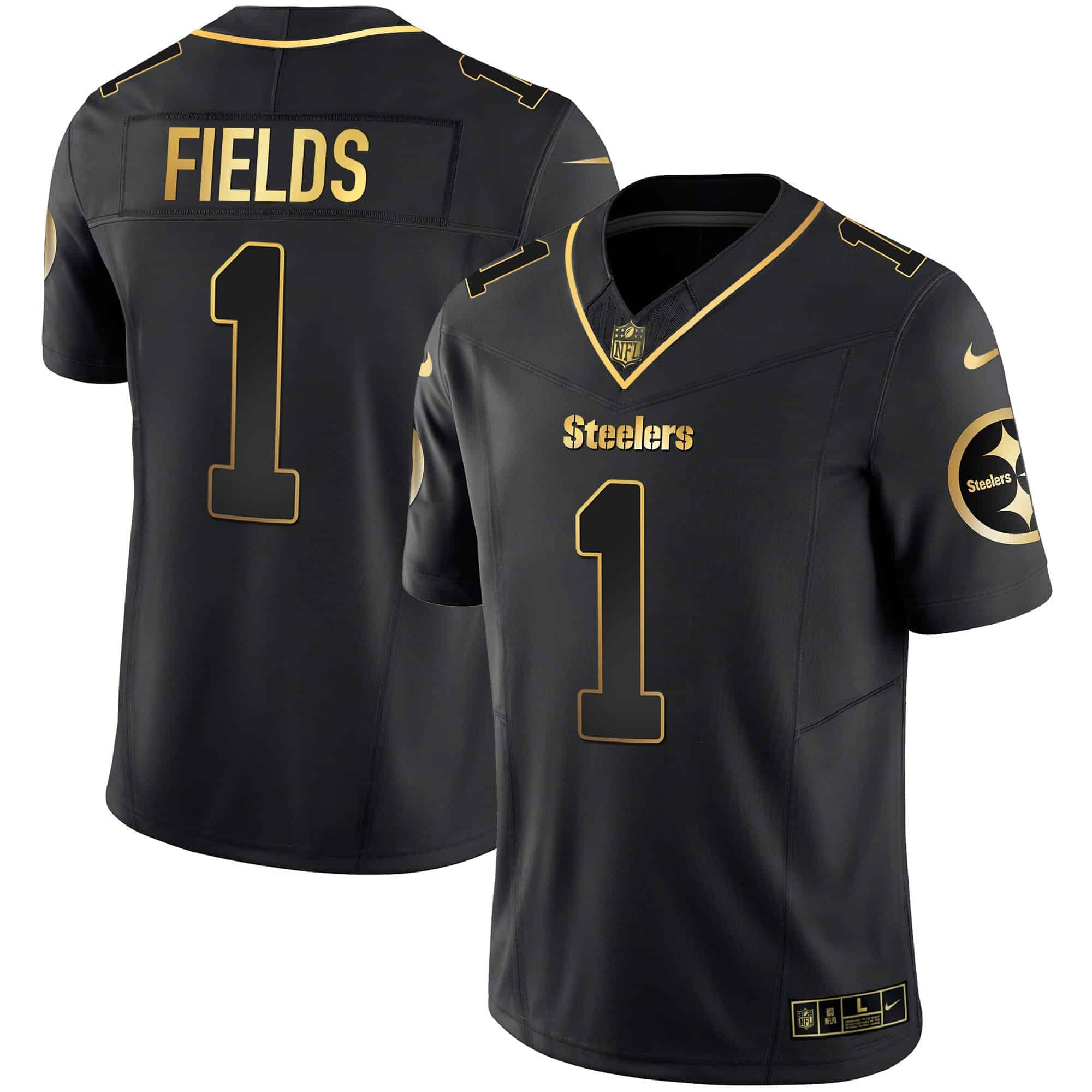 Hunk Wear - Men's Steelers Gold Vapor Jersey V2 ' All Stitched ' Black Gold ' Justin Fields