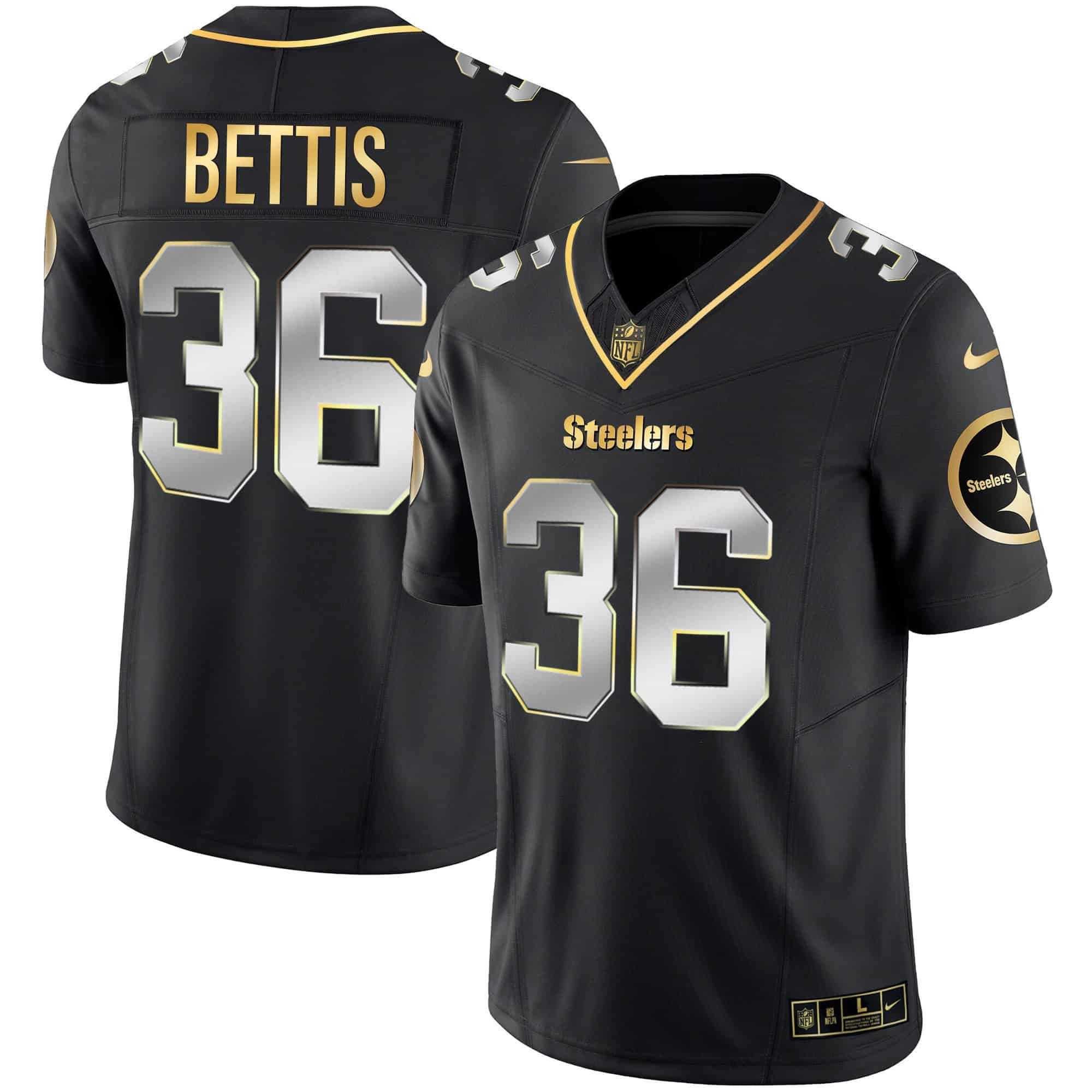 Hunk Wear - Men's Steelers Gold Vapor Jersey V2 ' All Stitched ' Black Limited ' Jerome Bettis