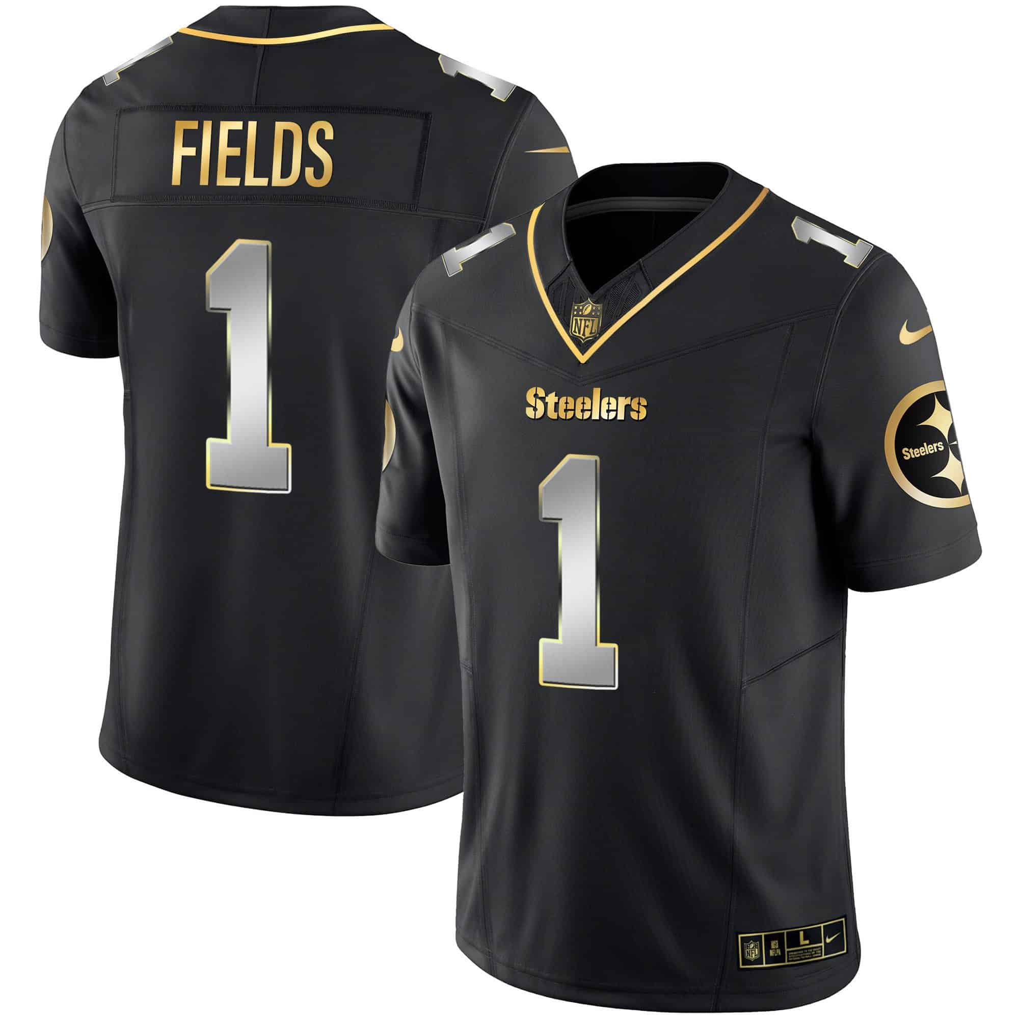 Hunk Wear - Men's Steelers Gold Vapor Jersey V2 ' All Stitched ' Black Limited ' Justin Fields