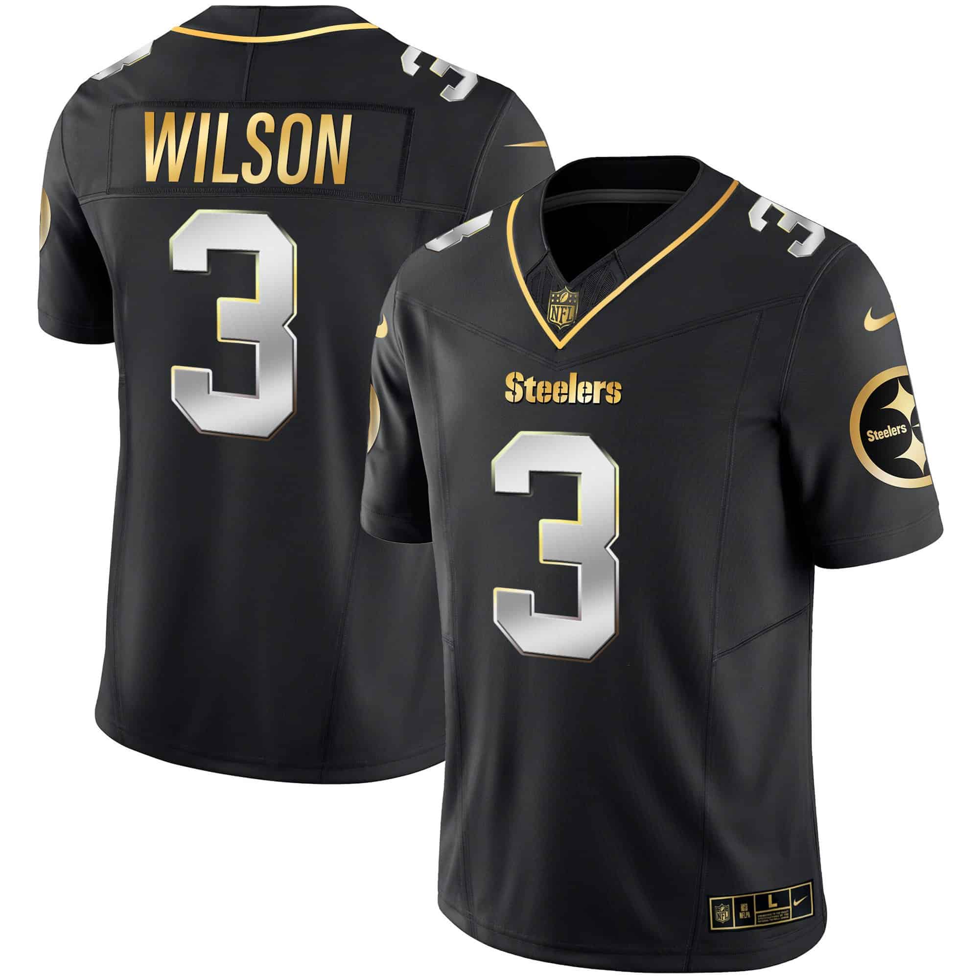 Hunk Wear - Men's Steelers Gold Vapor Jersey V2 ' All Stitched ' Black Limited ' Russell Wilson
