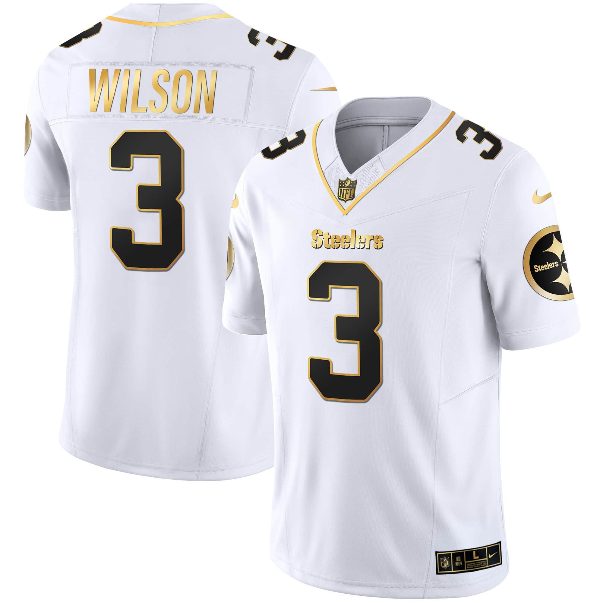 Hunk Wear - Men's Steelers Gold Vapor Jersey V2 ' All Stitched ' White Gold ' Russell Wilson