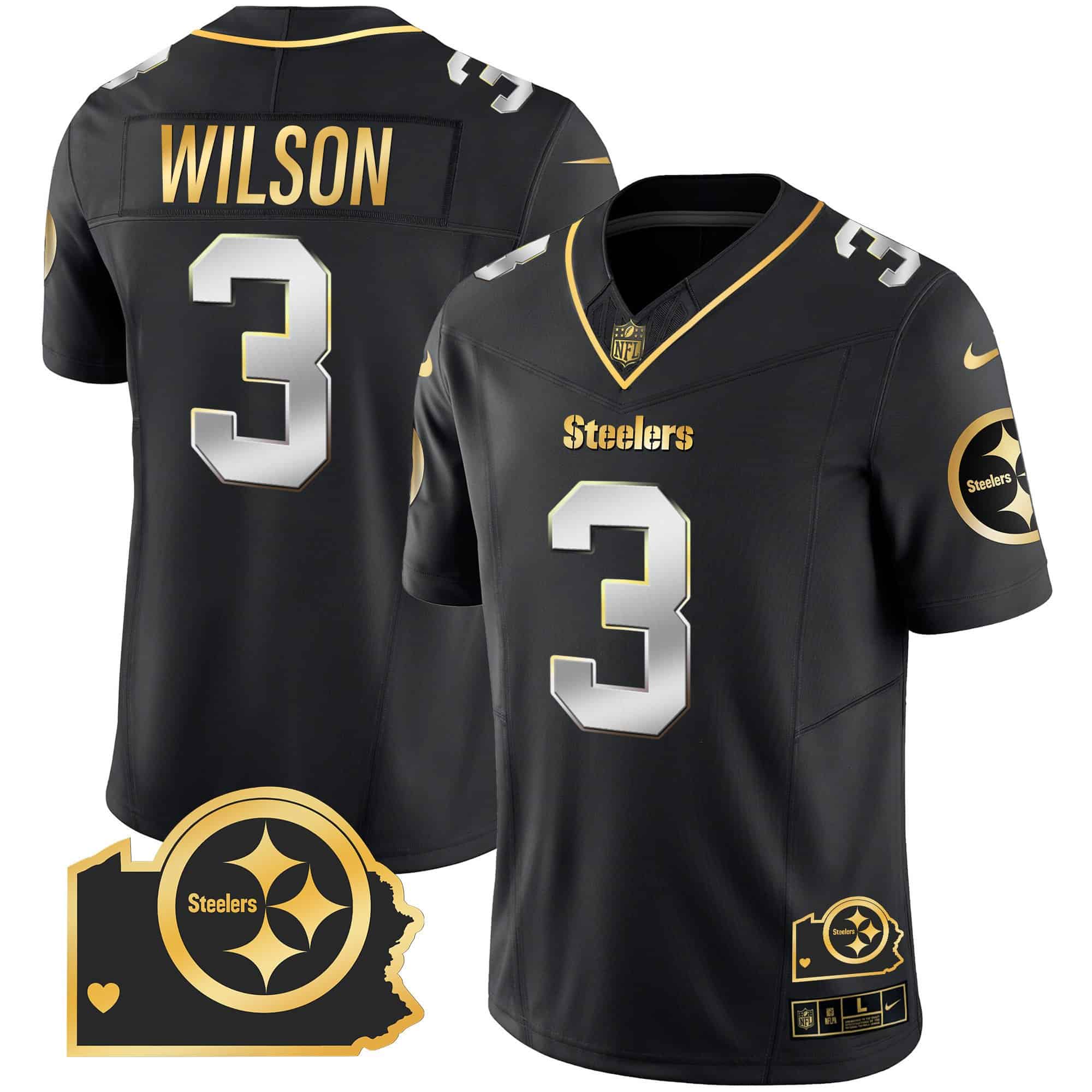 Hunk Wear - Men's Steelers Home Patch Gold Vapor Jersey ' All Stitched ' Black Limited ' Russell Wilson